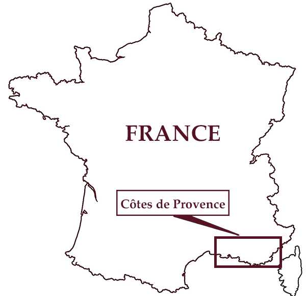 Map of France with the Côtes de Provence wine region marked along the south coast