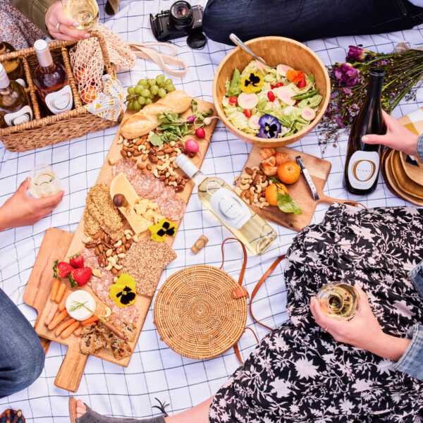 Wine and bountiful picnic of cheese and charcuterie