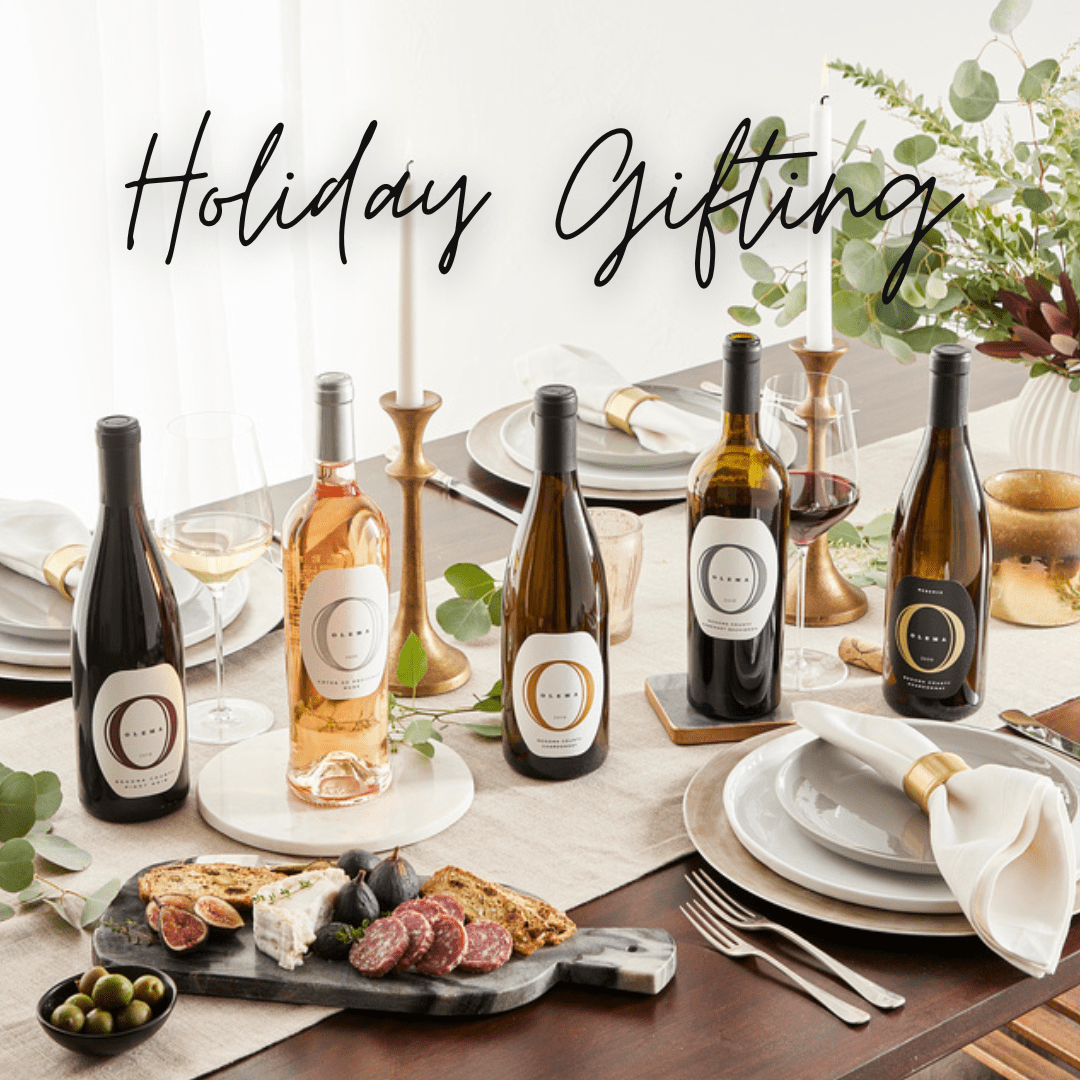 Holiday Gifting message with Olema wines on a festive holiday table